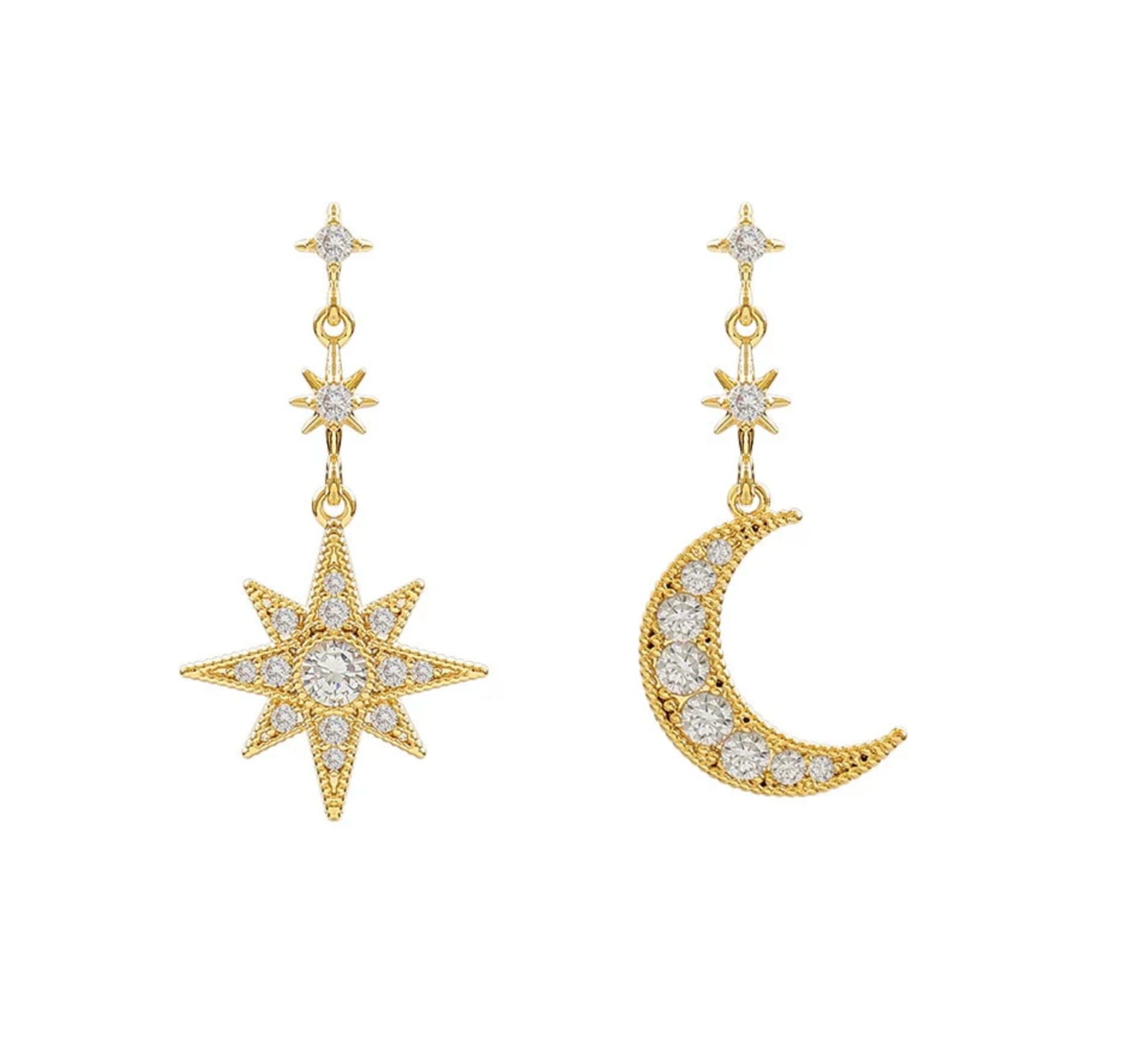 Long gold-tone celestial drop earrings with a crystal crescent moon and star
