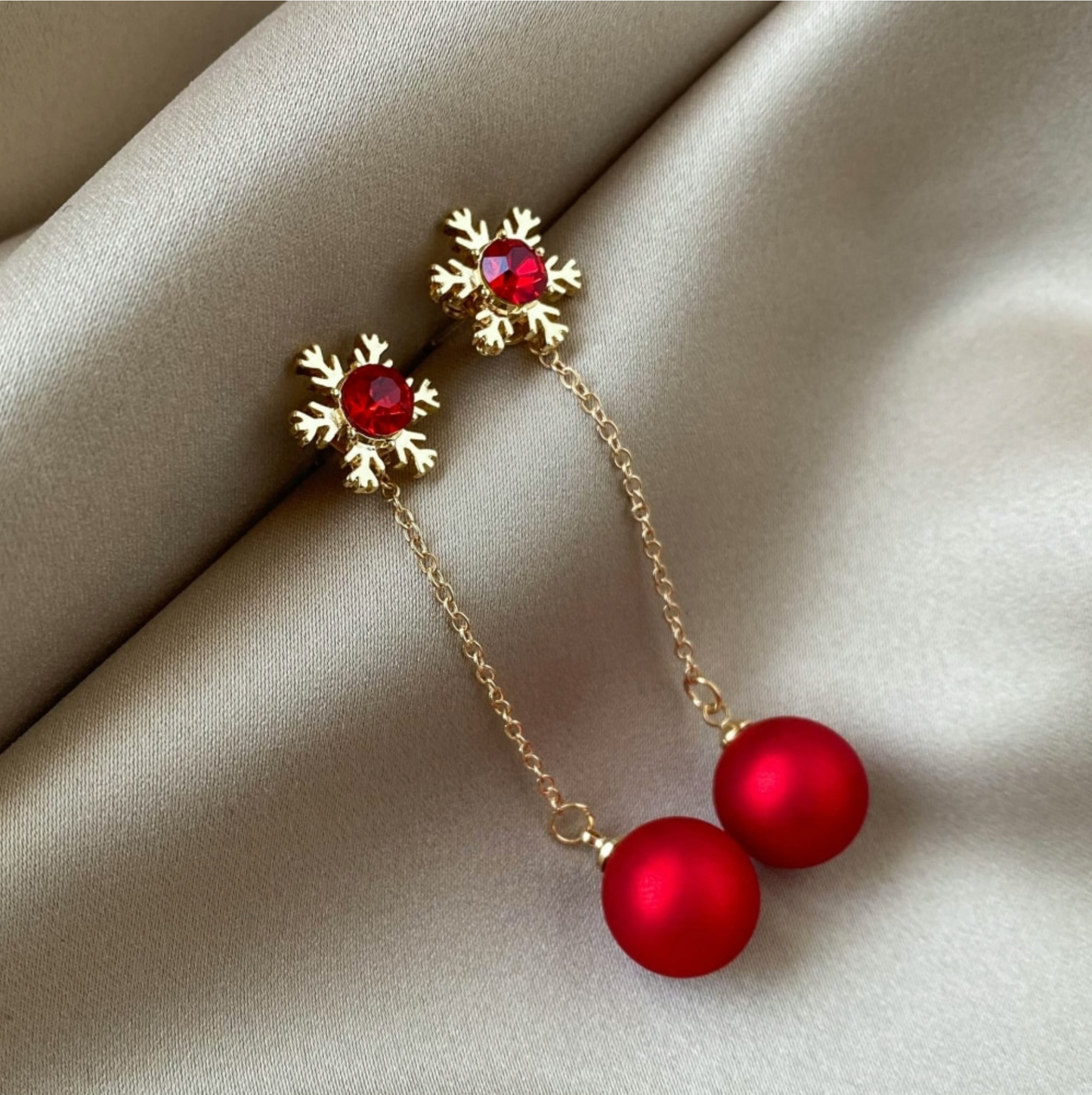 Goldtone Red Snowflake Chain Drop Earrings - In Gift Box