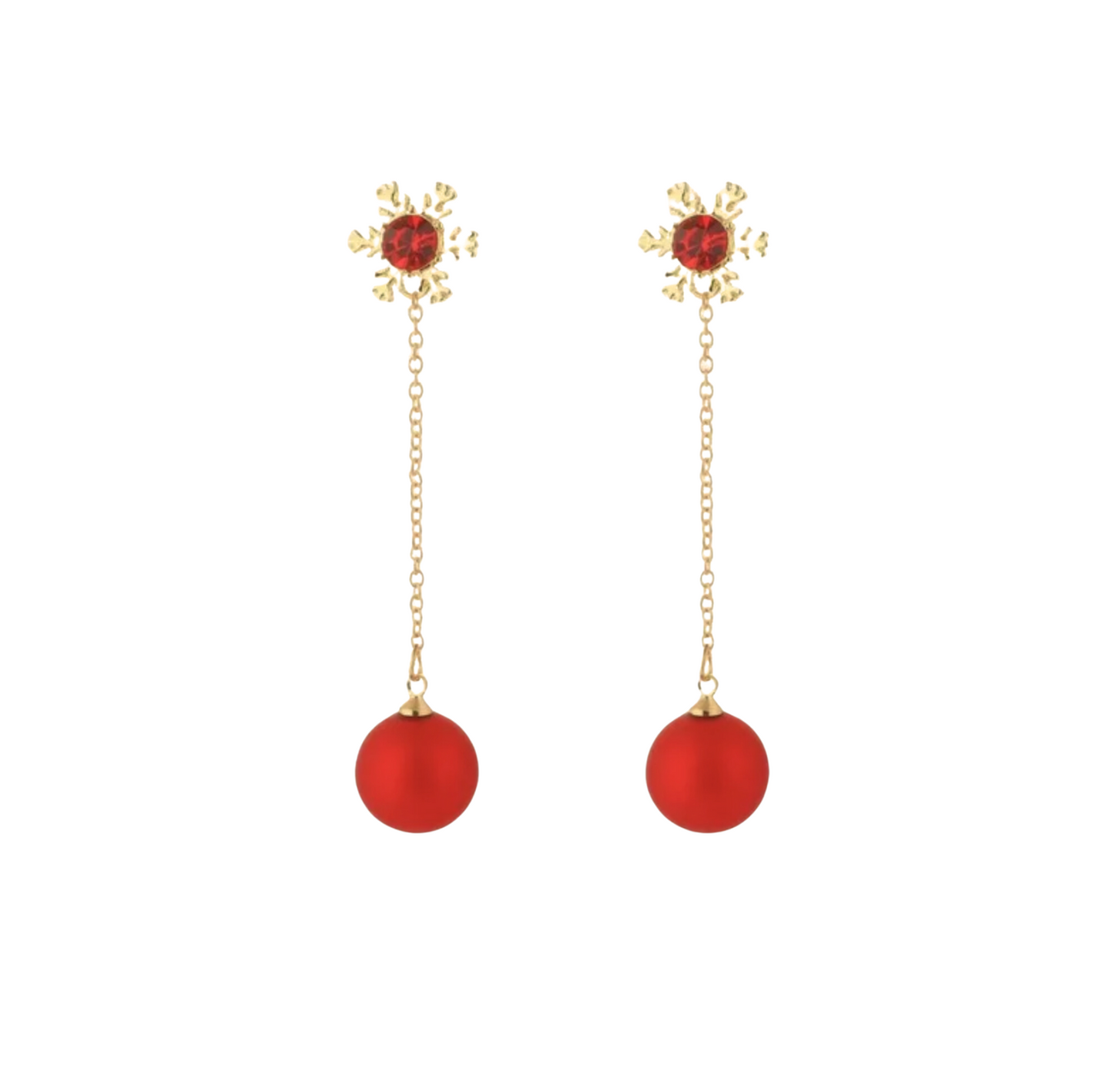 Goldtone Red Snowflake Chain Drop Earrings - In Gift Box