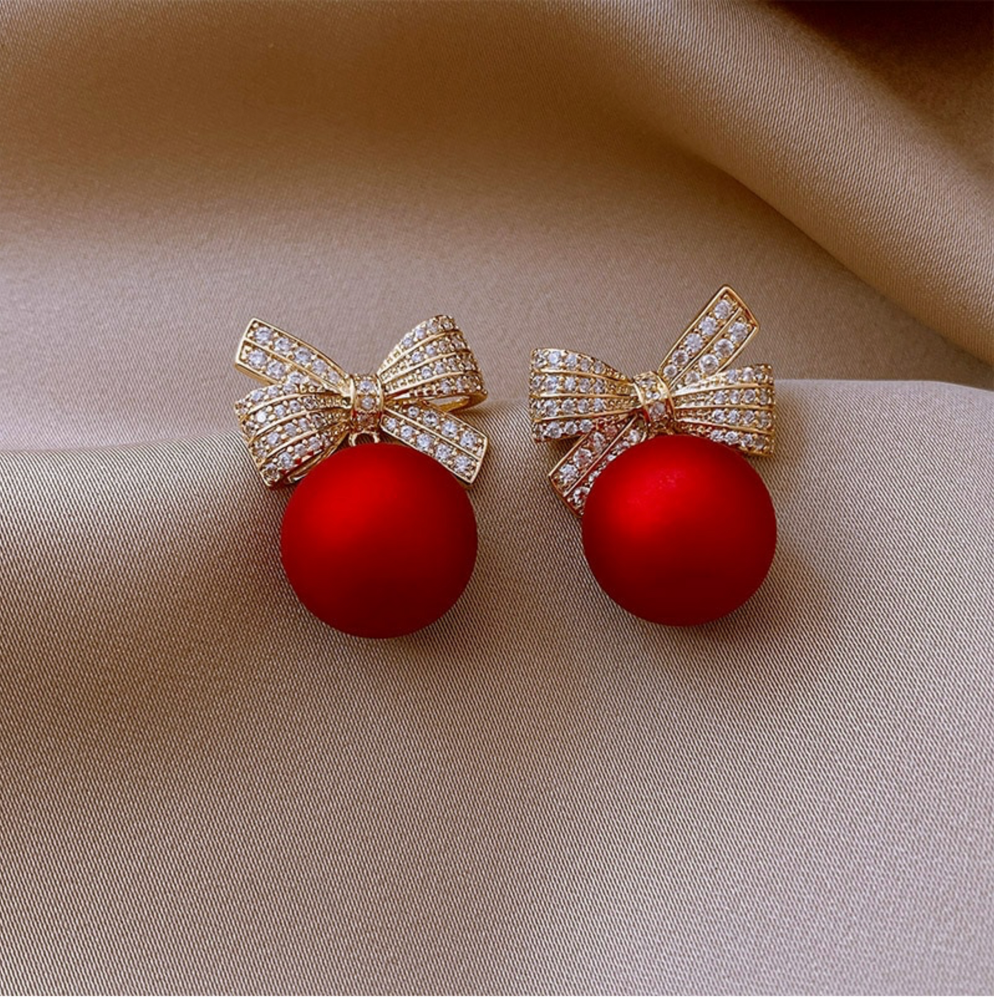 Red Pearl Cubic Zirconia Festive Bow Stud Earrings - In Gift Box