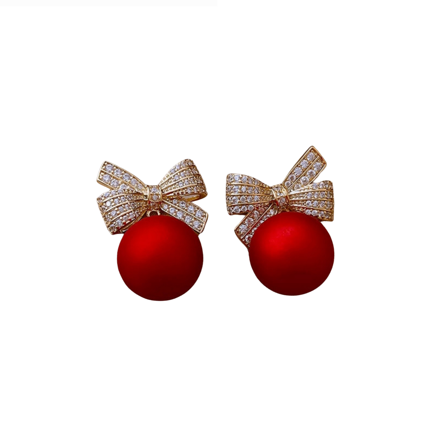 Red Pearl Cubic Zirconia Festive Bow Stud Earrings - In Gift Box