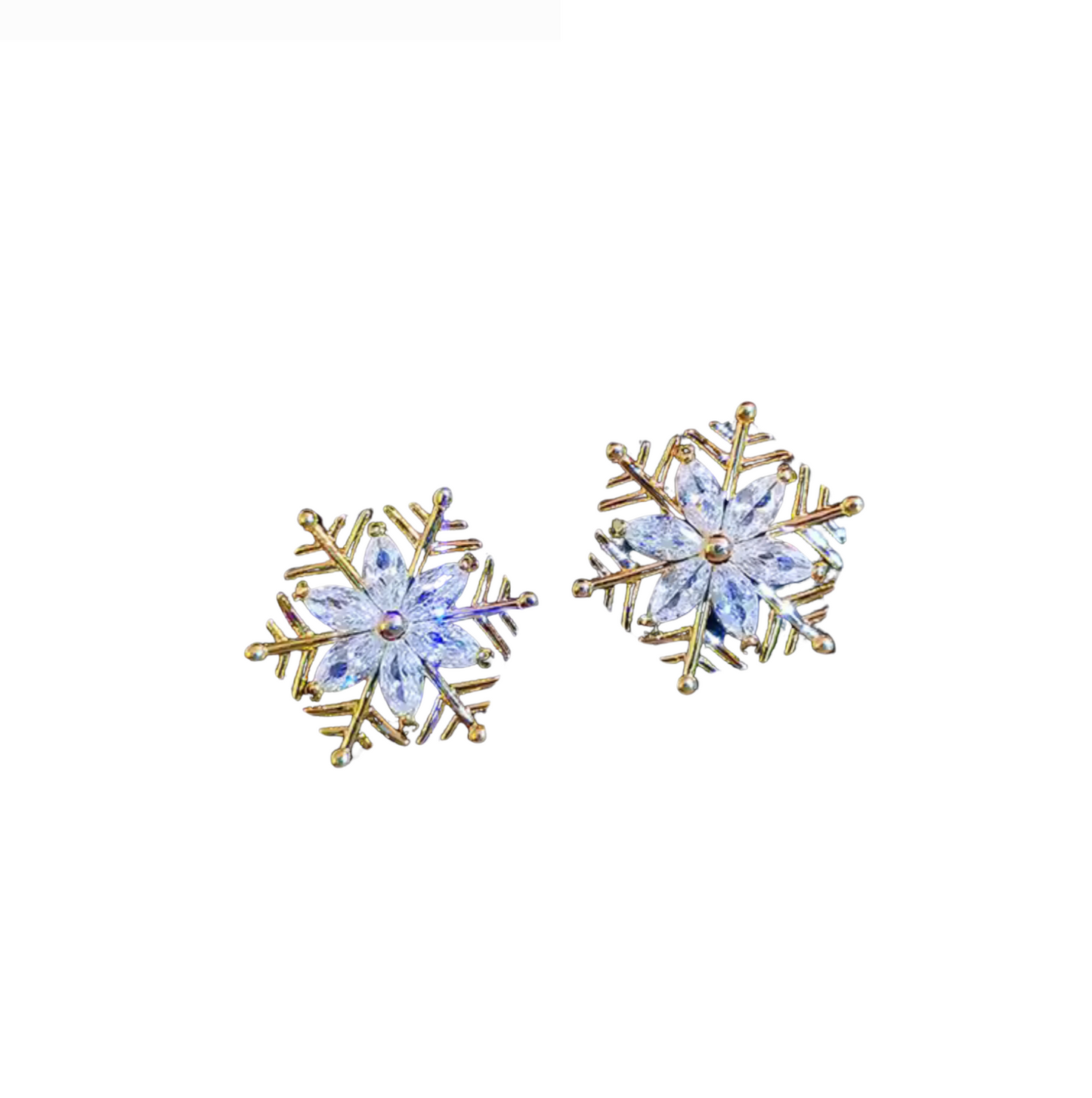 Goldtone Cubic Zirconia Snowflake Stud Earrings - In Gift Box