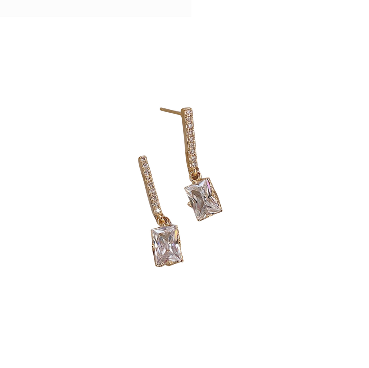 Gold-tone drop earrings with clear cubic zirconia bars and rectangular stones