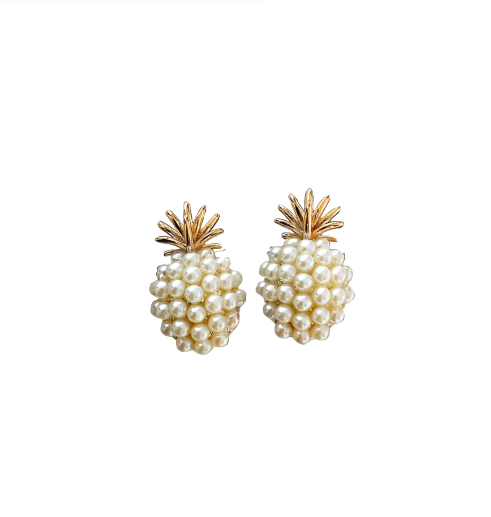 Gold-tone pineapple stud earrings with white faux pearl clusters