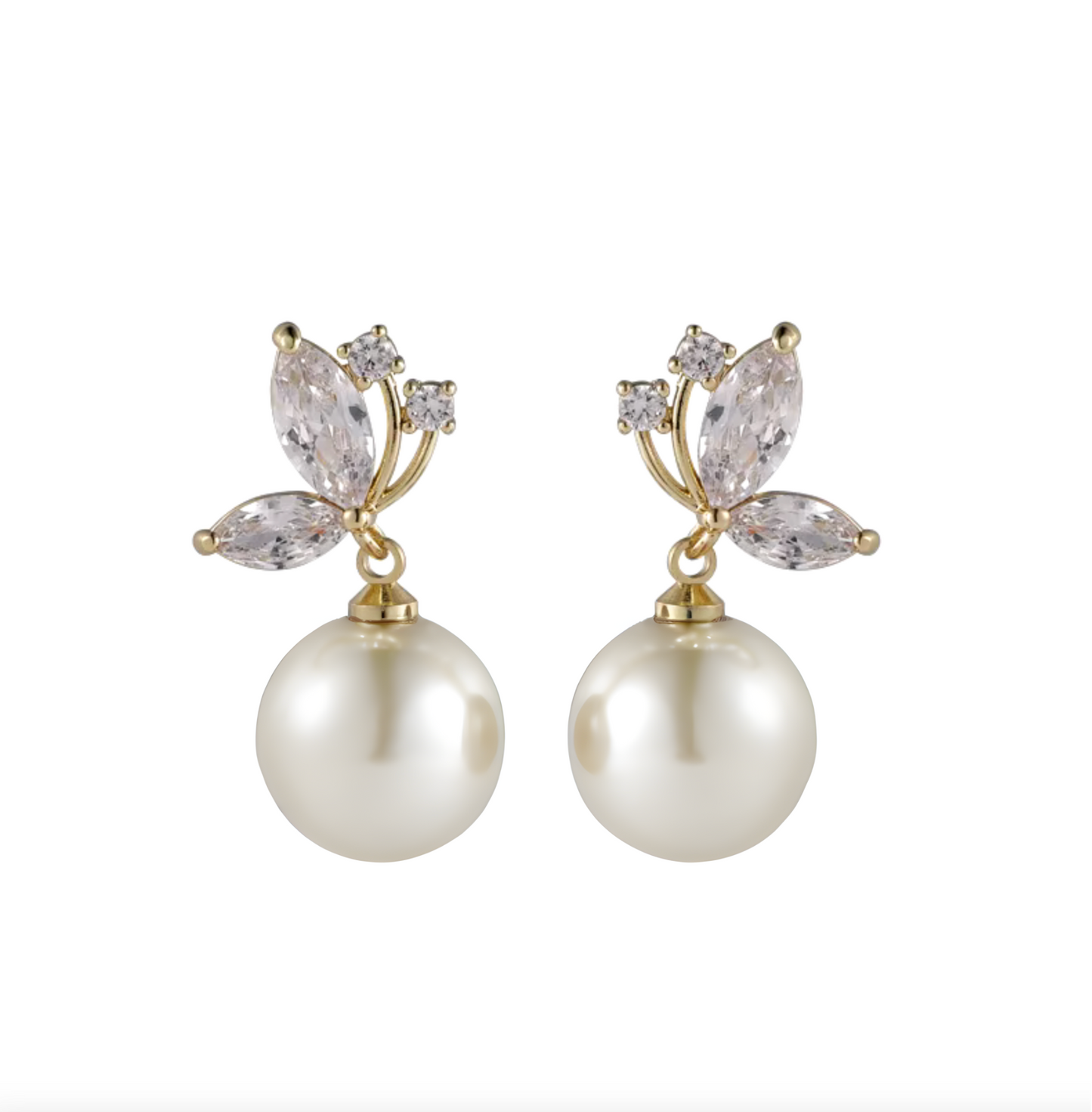 Goldtone Imitation Pearl Cz Leaf Stud Earrings - In Gift Box