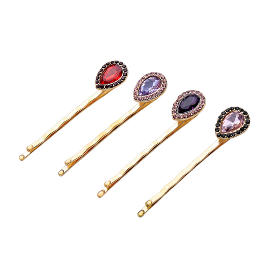 Goldtone Multi Colored Crystal Teardrop Set Of 4 Hair Pins