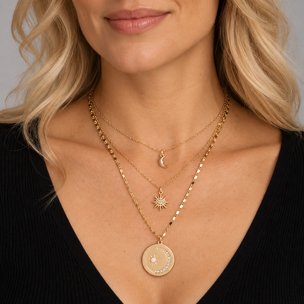 Goldtone Celestial Layered Necklace — alternate view, SKU 11222-7