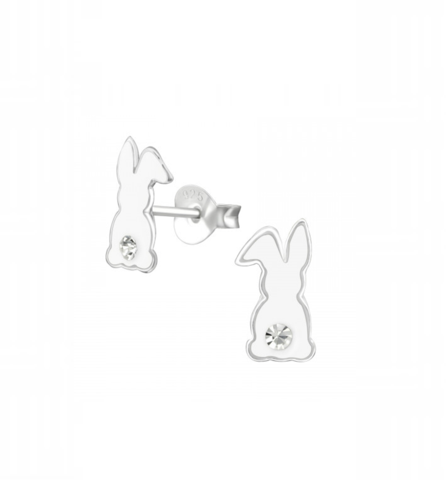 Sterling Silver White Enamel Bunny with Cubic Zirconia Stud Earrings