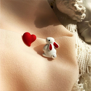 Asymmetrical White Bunny & Red Heart Stud Earrings