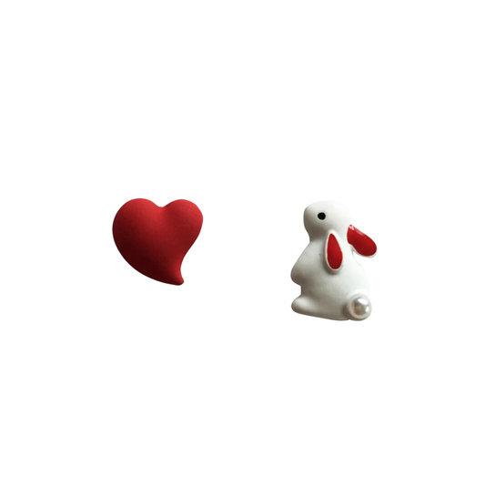 Asymmetrical White Bunny & Red Heart Stud Earrings