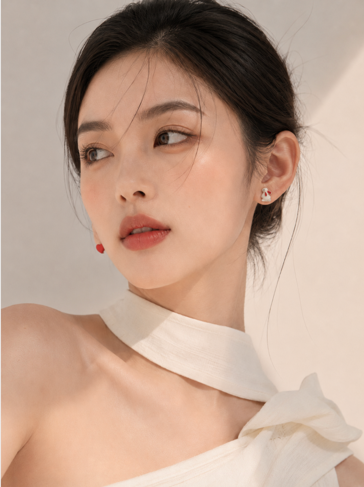 Asymmetrical White Bunny & Red Heart Stud Earrings