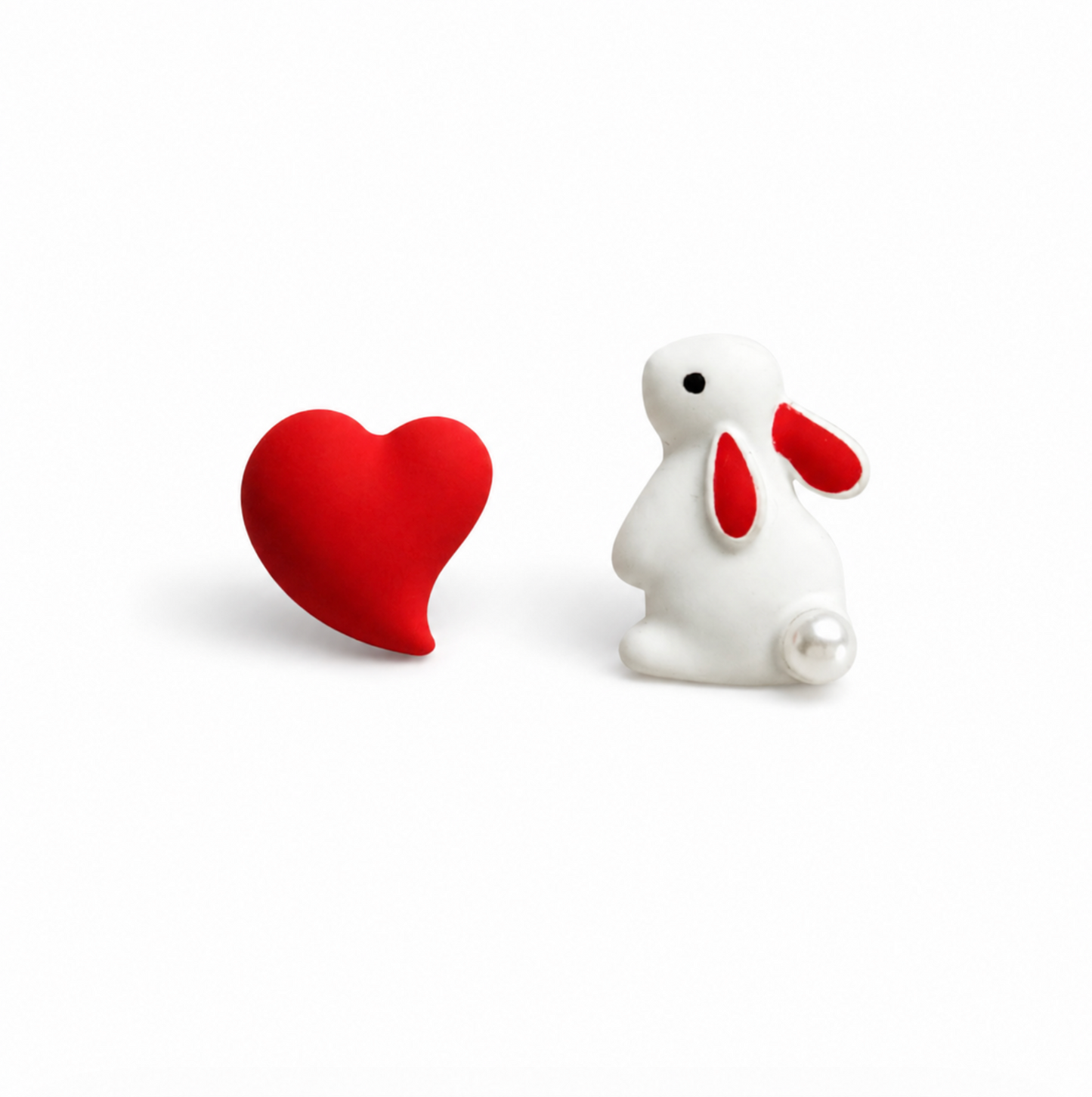 Asymmetrical White Bunny & Red Heart Stud Earrings