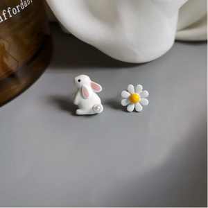 Asymmetrical White Bunny And Daisy Flower Stud Earrings