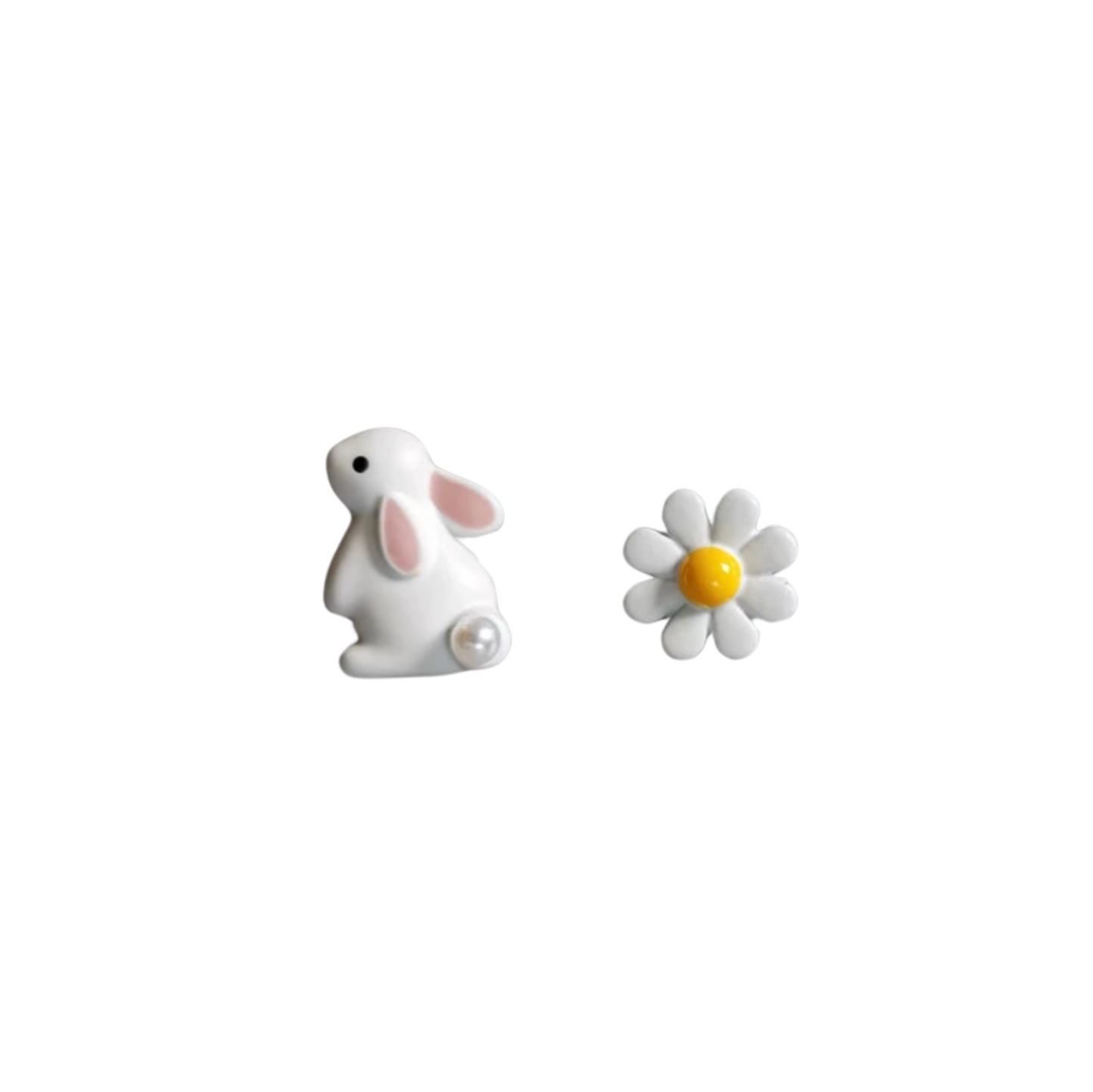 Asymmetrical White Bunny And Daisy Flower Stud Earrings