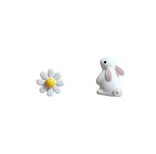 Asymmetrical White Bunny And Daisy Flower Stud Earrings