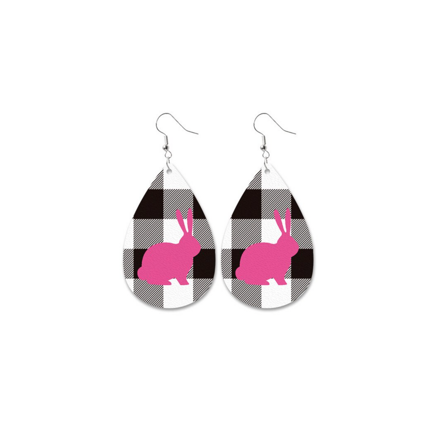 Black & White Plaid Pink Bunny Teardrop Drop Earrings