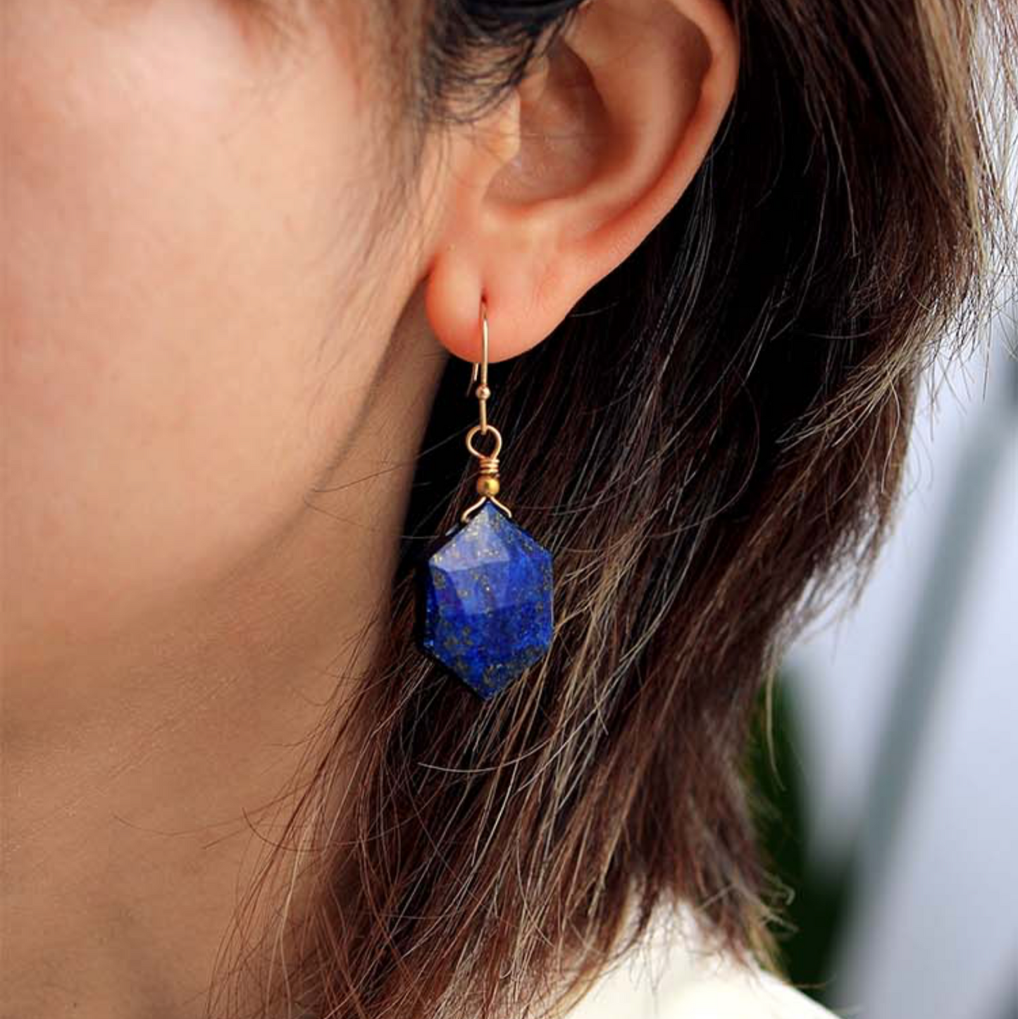 Lapis Stone Hexagonal Drop Earrings (80223-6)