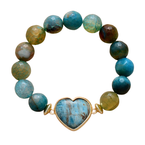 Green Blue Onyx And Apatite Stone Beaded Heart Bracelet