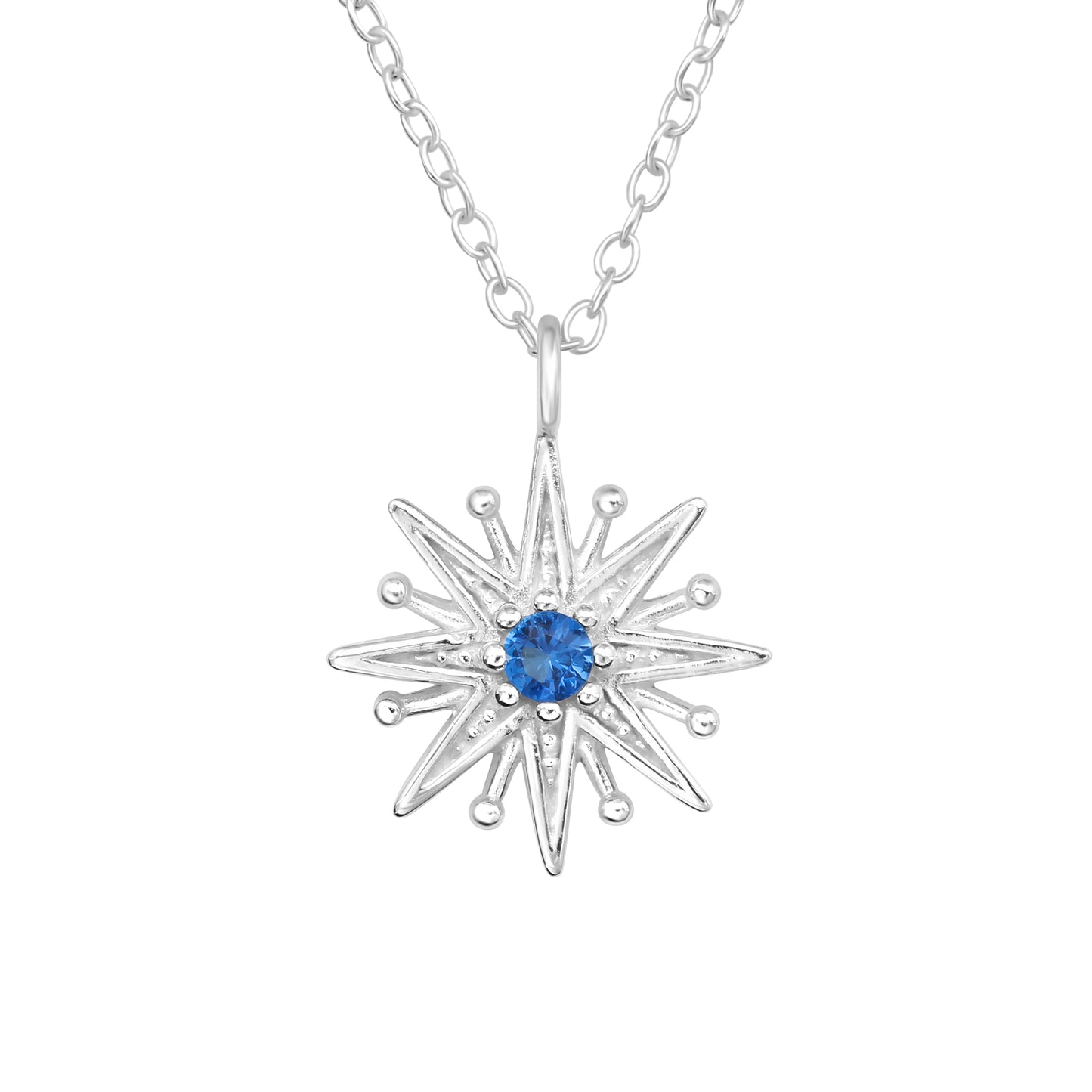 Sterling Silver Starburst Pendant Necklace with Blue Cubic Zirconia