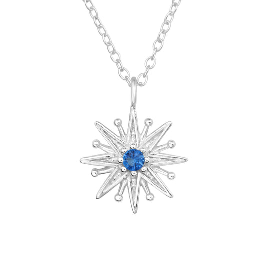 Sterling Silver Starburst Pendant Necklace with Blue Cubic Zirconia