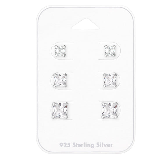 Cubic Zirconia & Sterling Silver Graduated Princess-Cut Stud Earrings Set