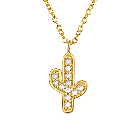 Sterling Silver 18k Gold-Plated Cactus Pendant Necklace with Cubic Zirconia