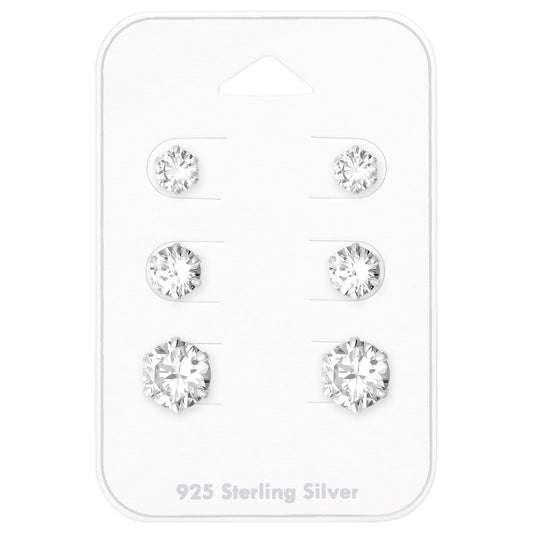 Cubic Zirconia & Sterling Silver Graduated Round-Cut Stud Earring Set