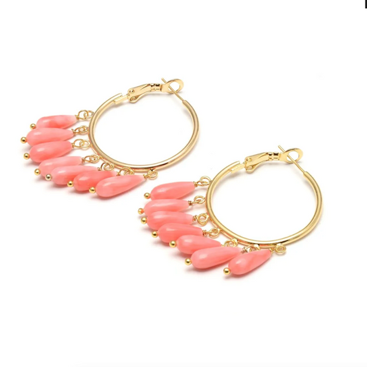 Goldtone & Pink Coral Teardrop Hoop Earrings