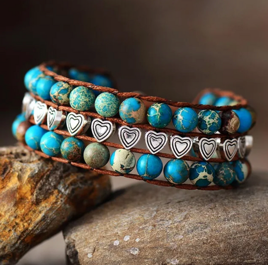 Blue Jasper Stone Beaded & Silvertone Heart Three Strand Bracelet