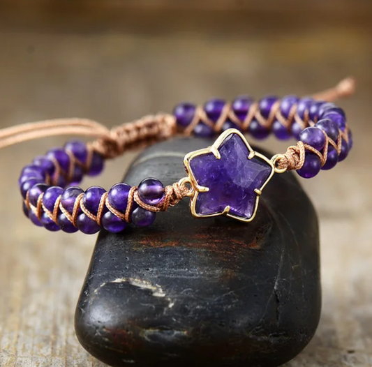 Goldtone & Amethyst Stone Star Beaded Adjustable Bracelet