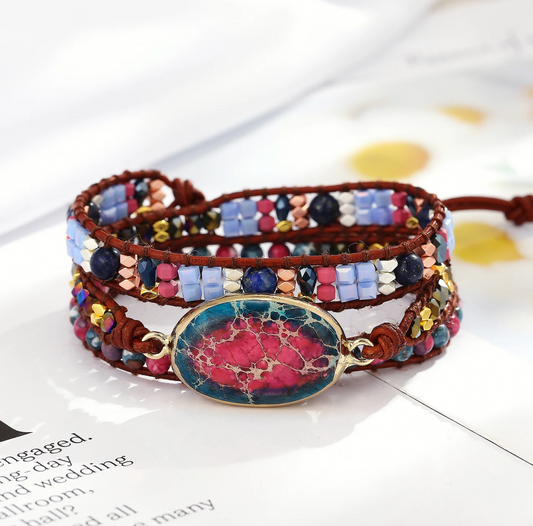 Red & Blue Imperial Jasper Oval Stone & Multi Colored Beaded Triple Row Bracelet