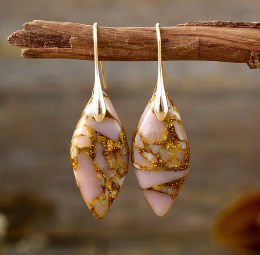 Pink & Gold Marbled Imperial Jasper Stone Marquis Drop Earrings