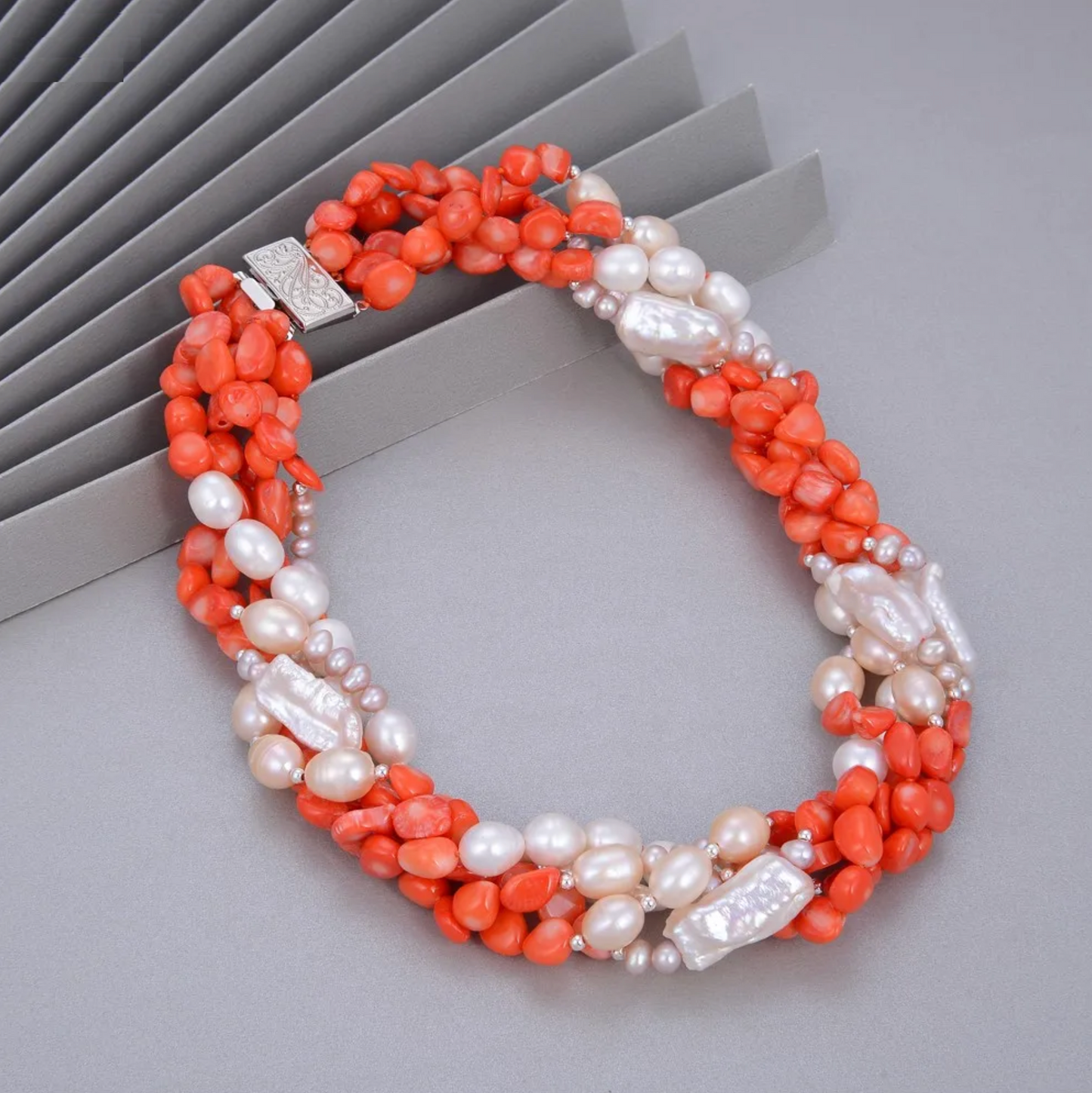 5 Strand White Biwa Pearl & Coral Stone Statement Necklace