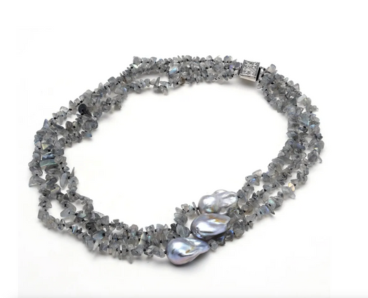 Metallic Grey Freshwater Culuted Pearl & Labradorite Multi Strand Statement Necklace