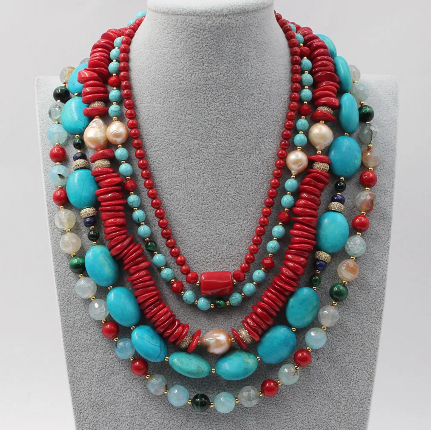 5 Row Freshwater Pearl, Howlite & Red Coral Stone Statement Beaded Handmade Necklace