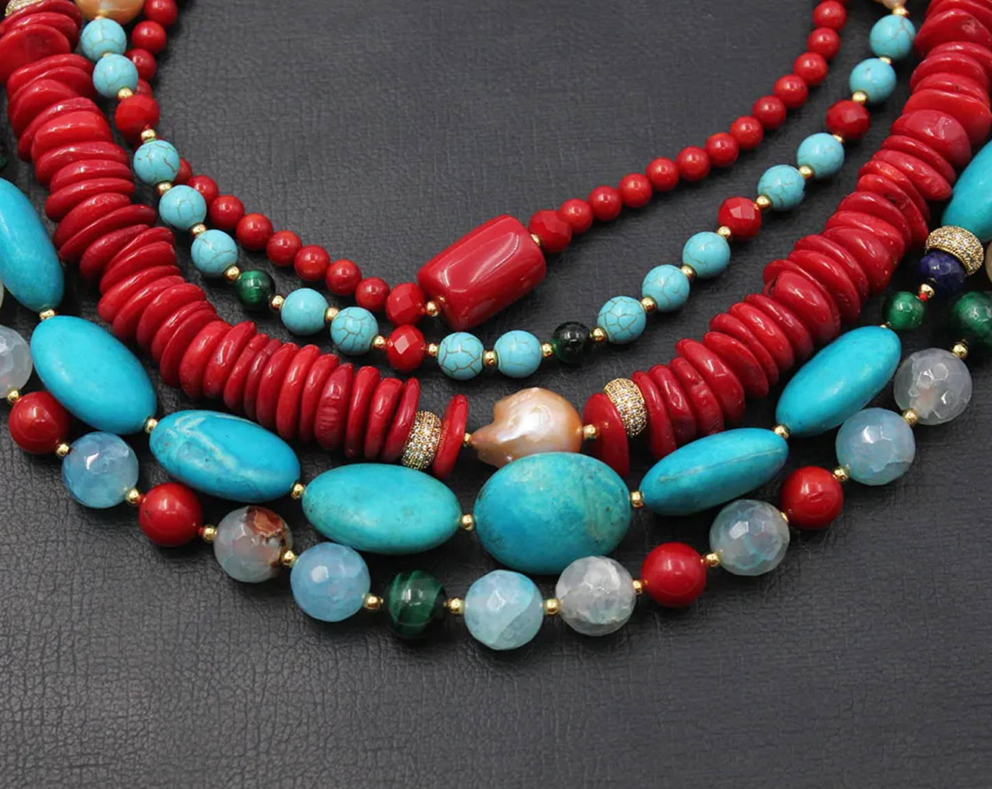 5 Row Freshwater Pearl, Howlite & Red Coral Stone Statement Beaded Handmade Necklace