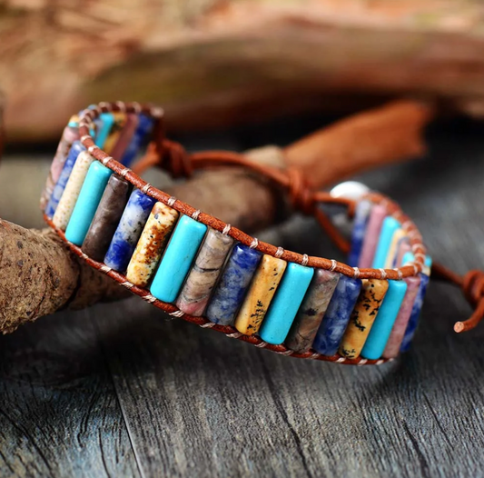 Leather Natural Turquoise & Sodalite Tubular Stone Adjustable Bracelet