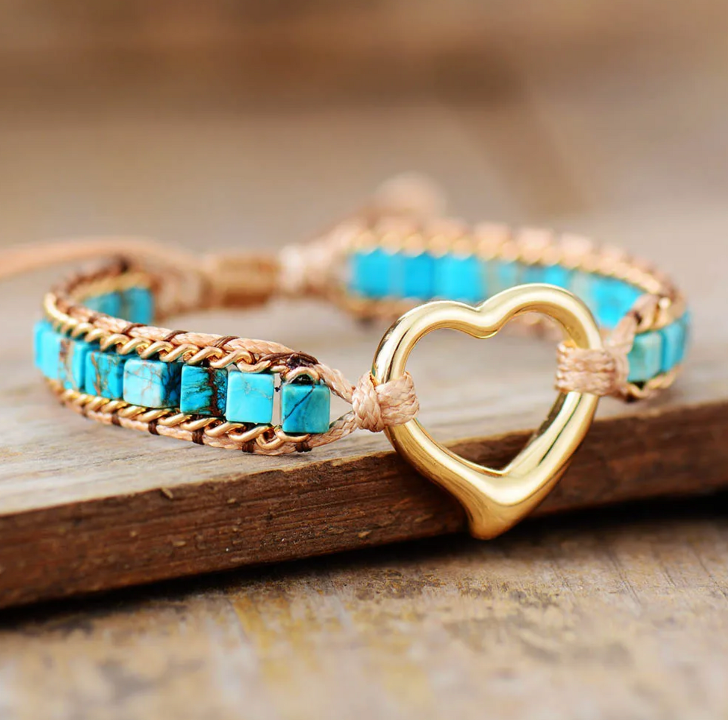 Goldtone Heart & Braided Square Turquoise Stone Adjustable Bracelet