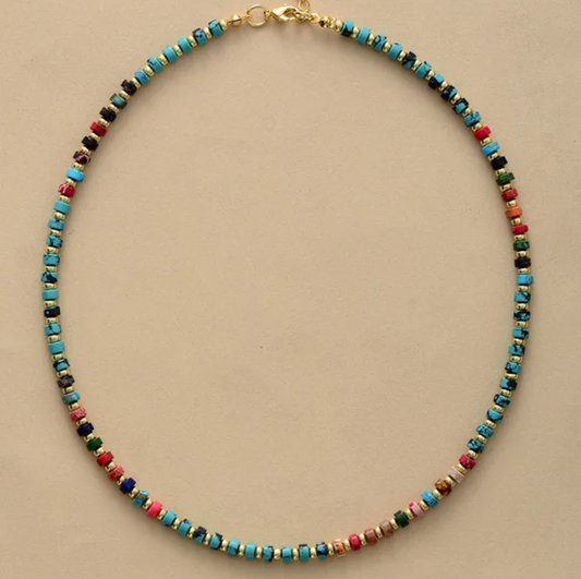 Goldtone & Multi Colored Jasper Beaded Choker Necklace