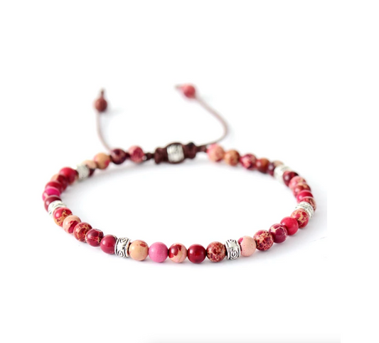 Silvertone & Pink Natural Stone Beaded Adjustable Bracelet