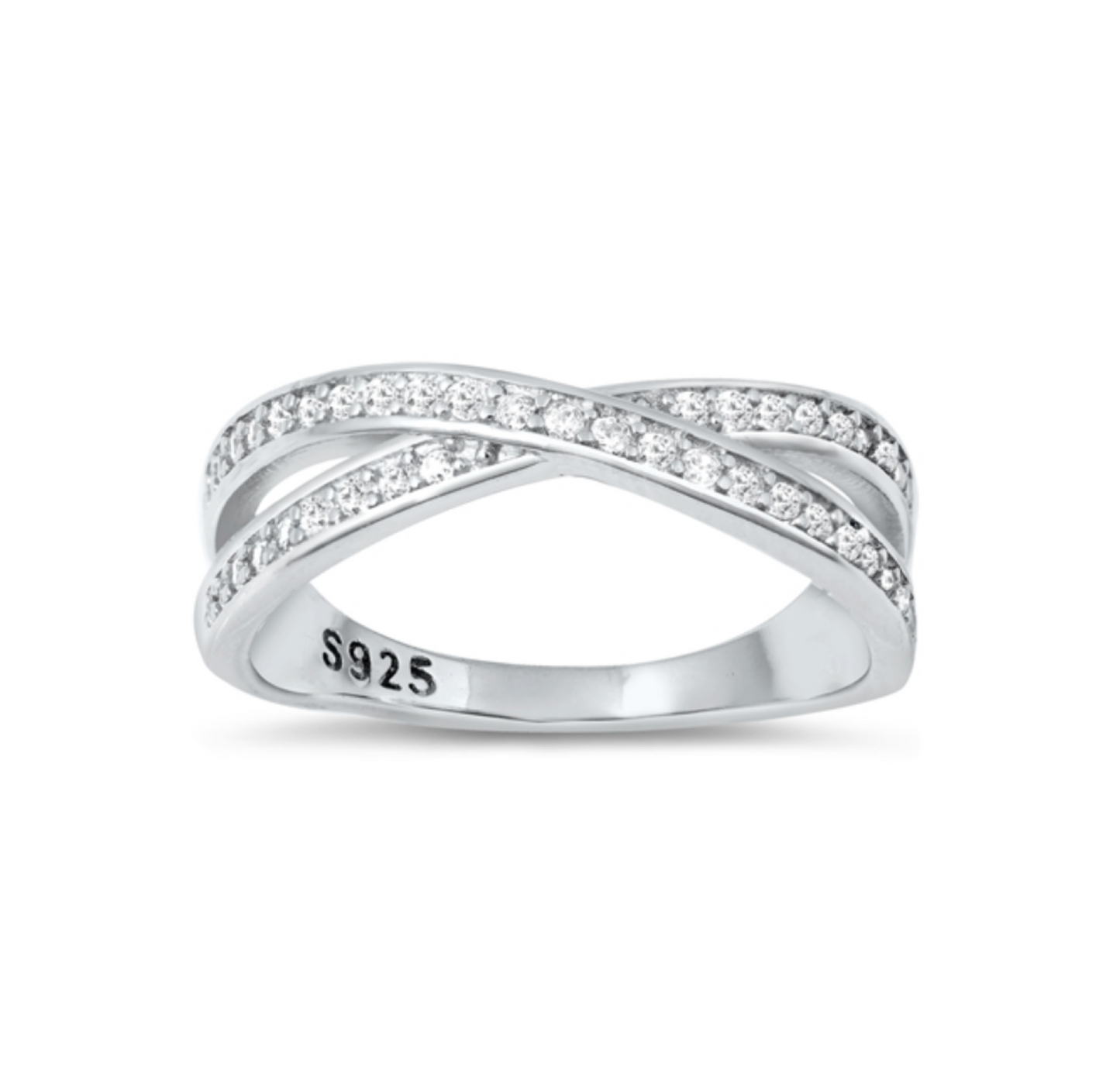 Sterling Silver & CZ Pave Set Crossover Ring