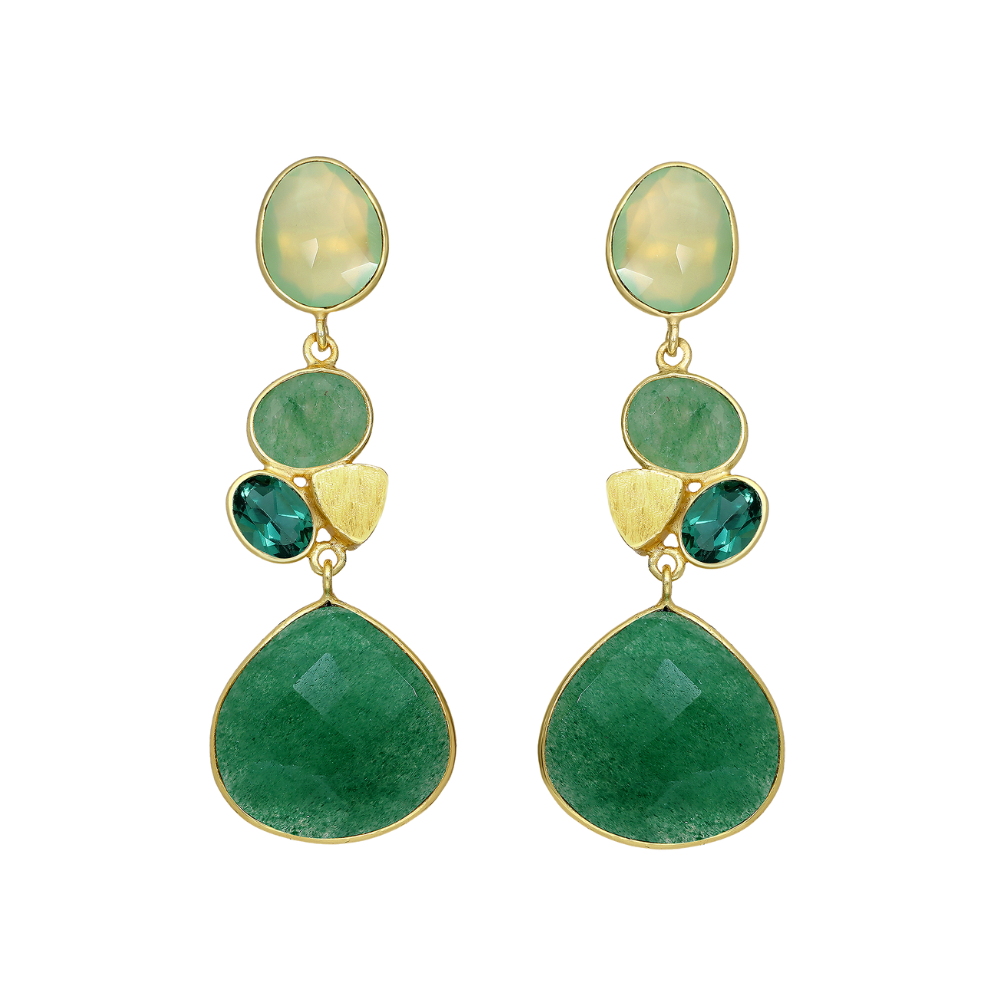 Sterling Silver Gold Plated Green Prehnite, Jade & Aventurine Teardrop and Oval Drop Earrings