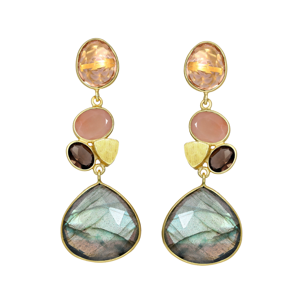 18K Goldtone Plated Sterling Silver Gemstone Clustered Teardrop Drop Earrings- AG Sterling