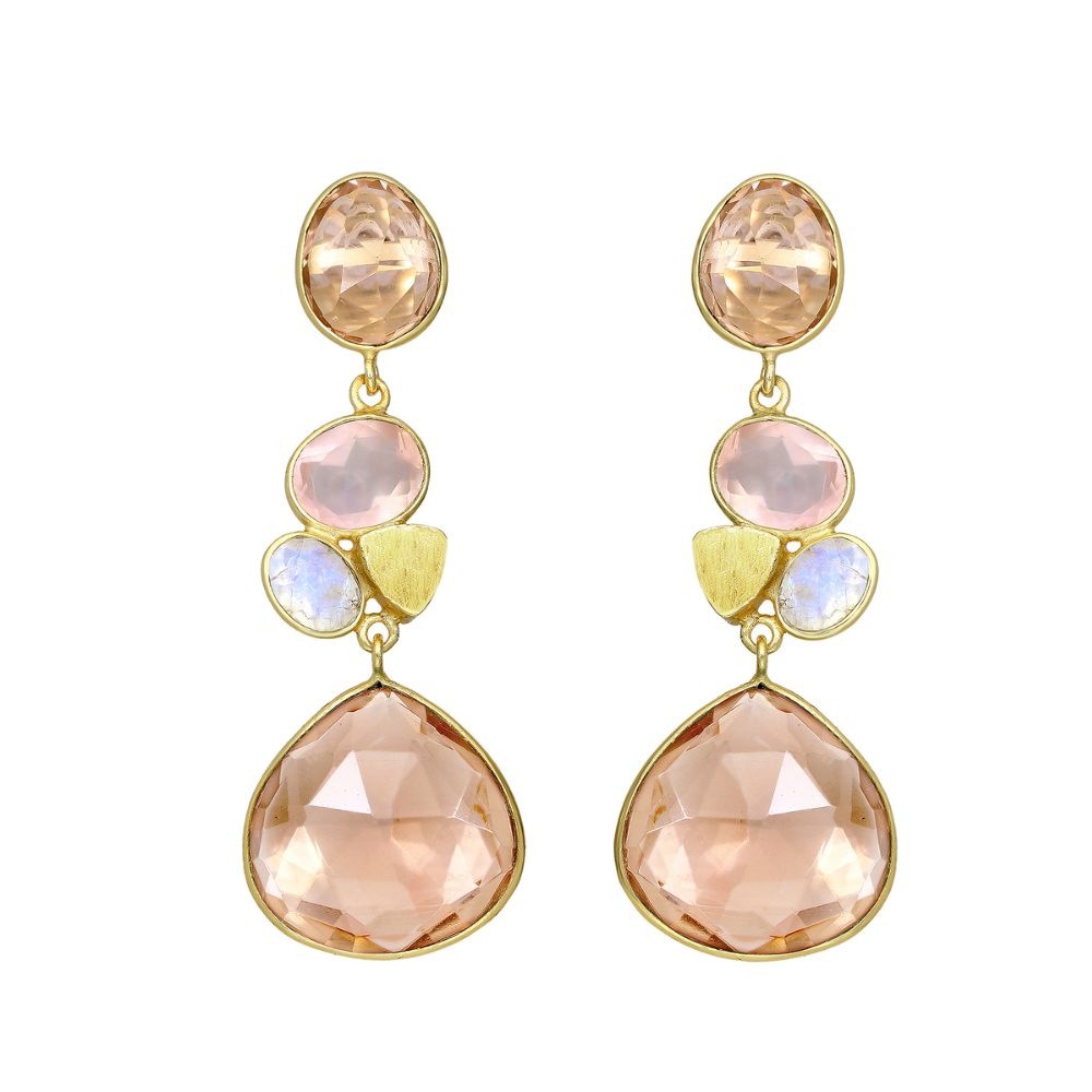 Sterling Silver Gold Plated Morganite, Rainbow Moonstone & Rose Quartz Teardrop and Oval Drop Earrings