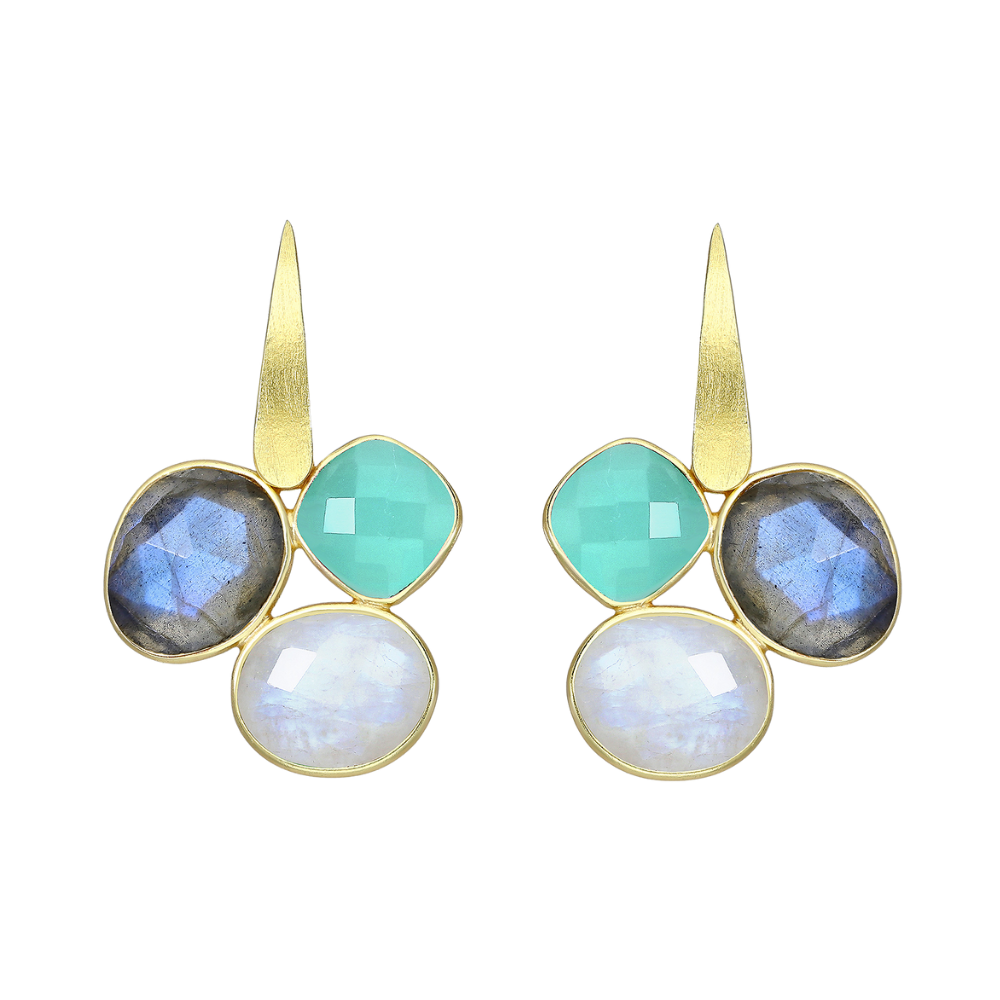 Sterling Silver Gold Plated Blue Mix Stone CZ Faceted Geometric Clustered Bar Stud Drop Earrings