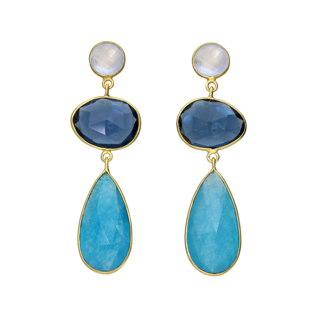 Sterling Silver & Gold Plated Blue Jade Mix Teardrop Drop Earrings