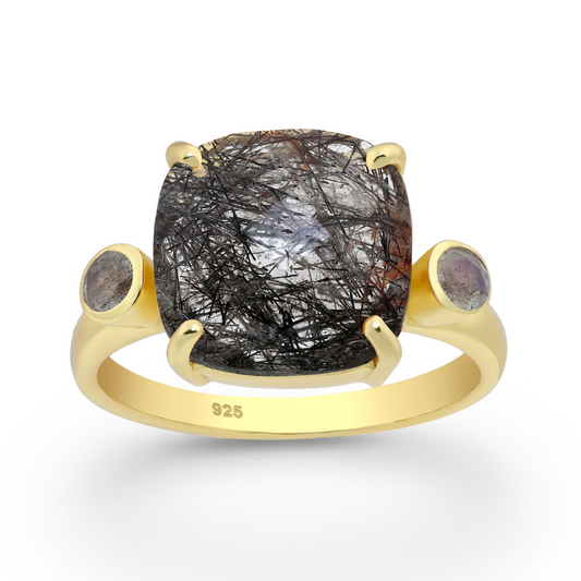 Sterling Silver 18kt Gold Plated & Black Rutilated Quartz Square Prong Set Ring