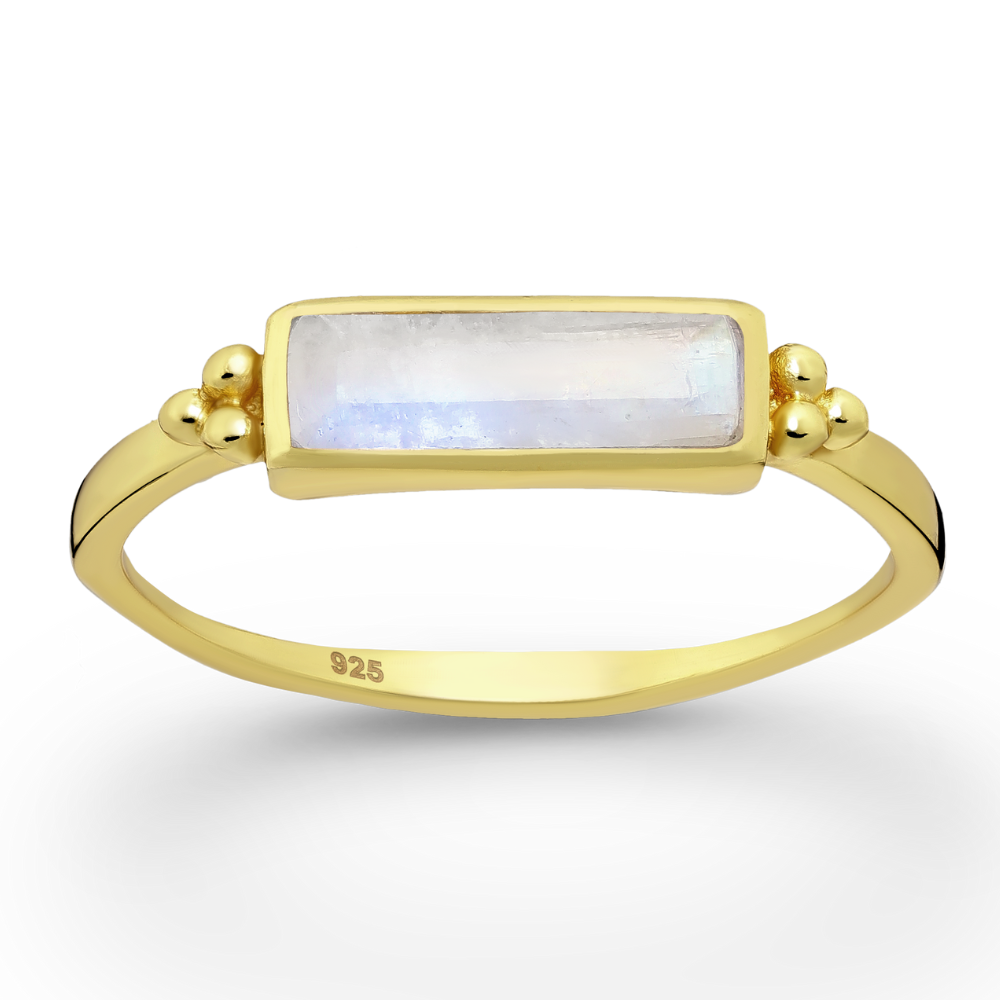 Sterling Silver 18kt Gold Plated Rectangular Rainbow Moonstone Ring