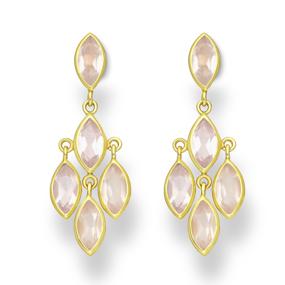 Sterling Silver 18k Gold Plated Sterling Silver Rose Quartz Marquis Chandelier Drop Earrings