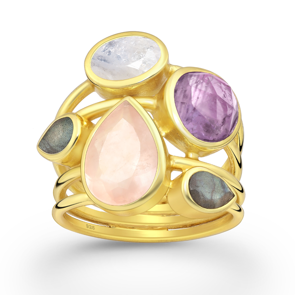 Sterling Silver 18kt Gold Plated Amethyst, Labradorite, Rainbow Moonstone, and Rose Quartz Stone CZ Mix Multi-Band Geometric Statement Ring